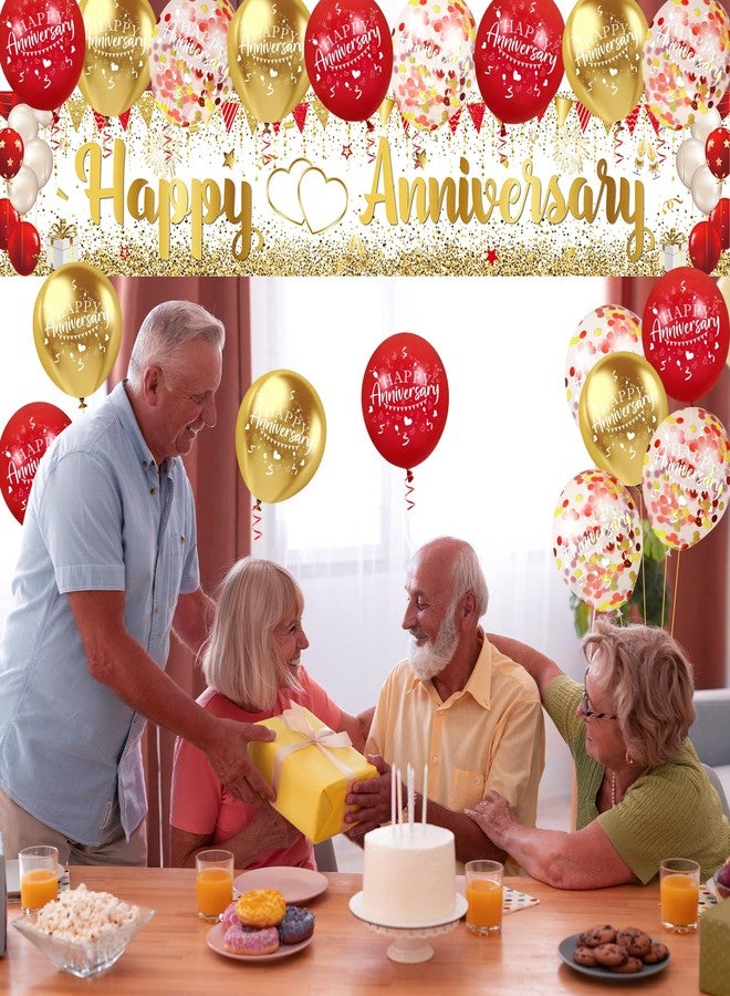 Yoirrat Red Gold Happy Anniversary Banner & Yard Sign with 18pcs 12" Latex Balloons for Wedding Party Supplies - Image 2